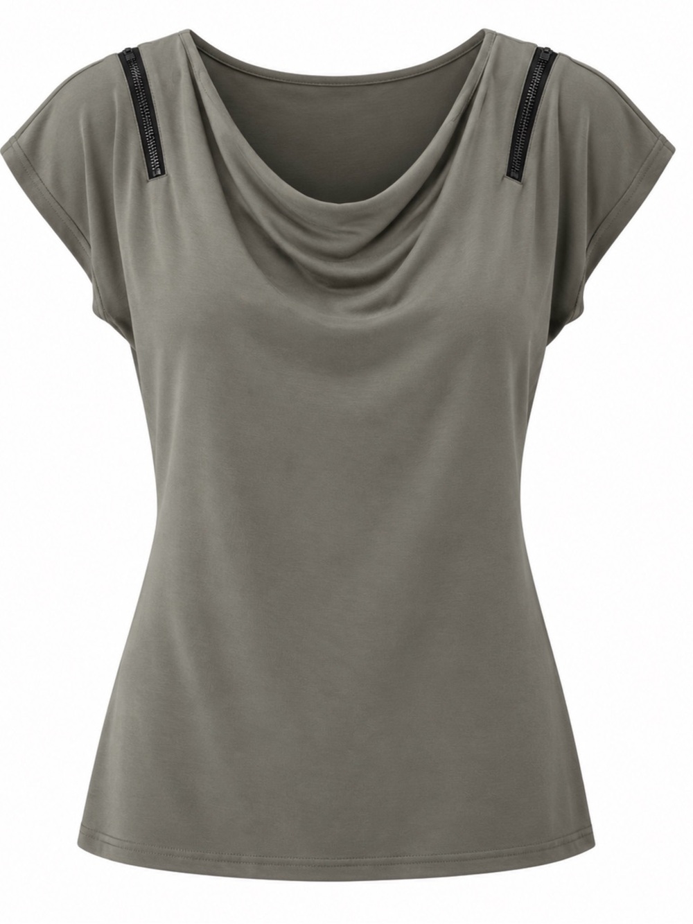 Worthington Olive Draped Neck Short Sleeve Top with Shoulder Zips